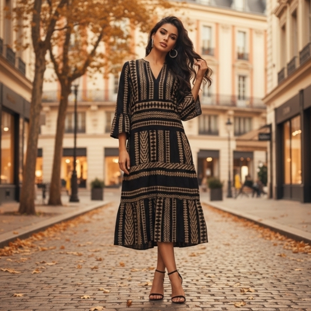 Mud Pie Women's Midi Black & Tan Pattern Yarn-Dyed 100% Cotton Dress Sz Large